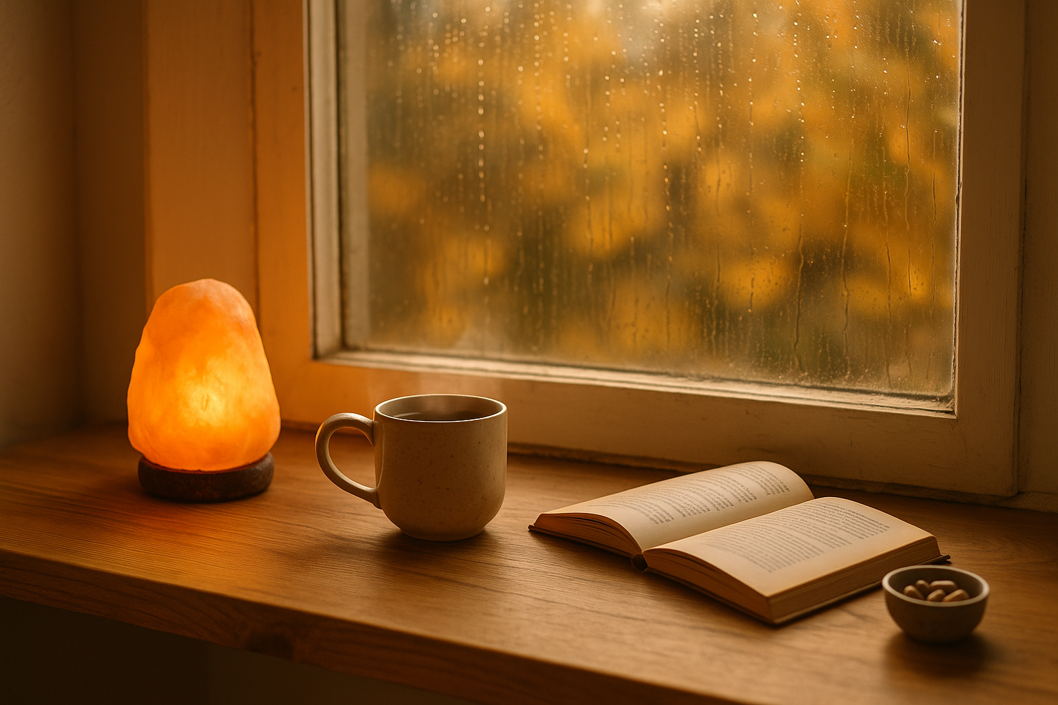 Salzlampe und Tee im warmen Licht eines Oktoberabends – Symbol für innere Wärme und emotionale Balance in der dunkleren Jahreszeit.