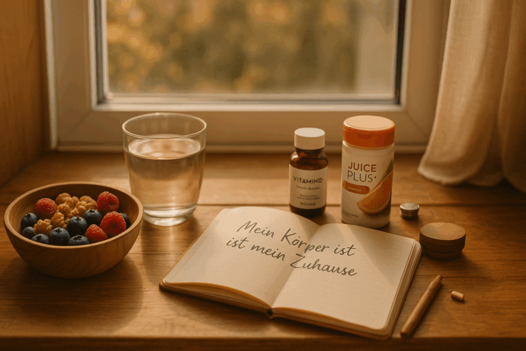 Beeren, Nüsse und Pflanzenkapseln im Morgenlicht – Symbol für natürliche Immunkraft und bewusste Gesundheitsroutine im Herbst.