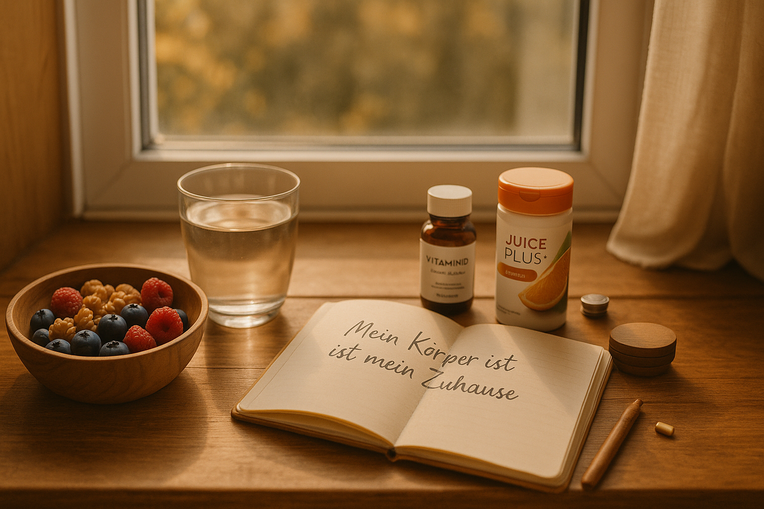 Beeren, Nüsse und Pflanzenkapseln im Morgenlicht – Symbol für natürliche Immunkraft und bewusste Gesundheitsroutine im Herbst.