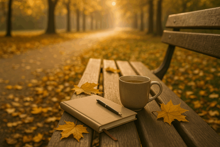 Herbstlicher Morgen mit Journal, Tee und goldenen Blättern – Symbol für Zwischenbilanz und neue Energie.