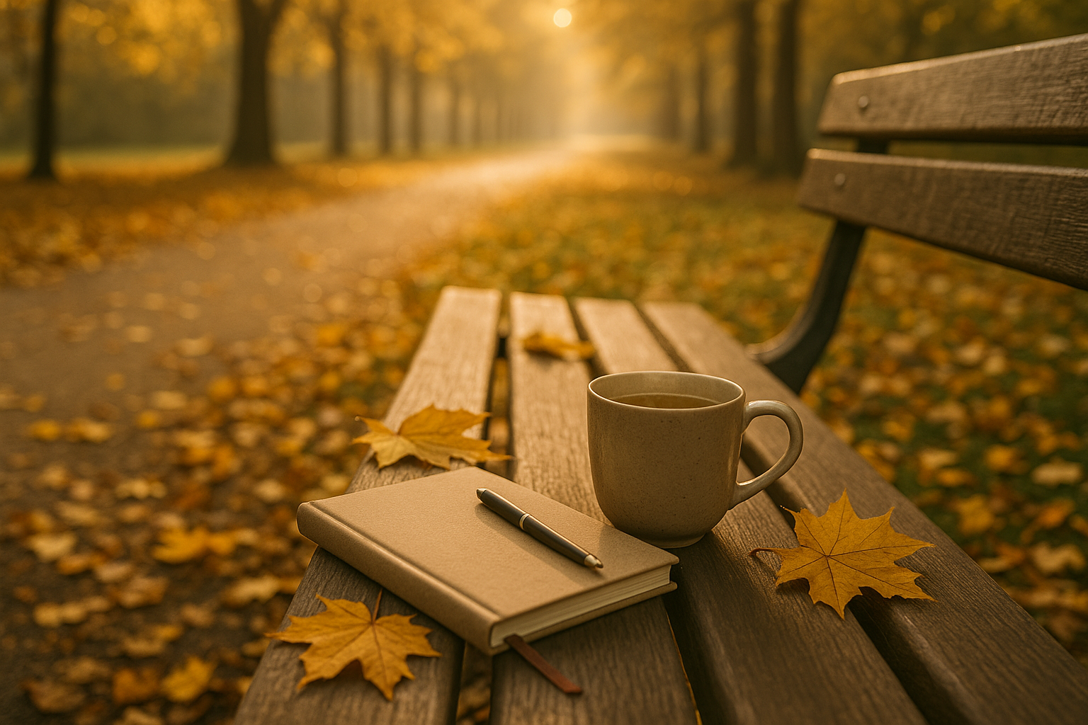 Herbstlicher Morgen mit Journal, Tee und goldenen Blättern – Symbol für Zwischenbilanz und neue Energie.