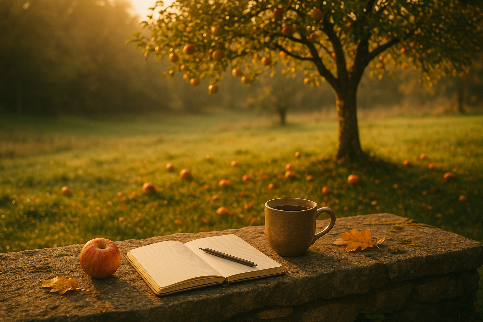 Apfelbaum im Herbstlicht mit Notizbuch und Tee – Sinnbild für innere Ernte und Selbstheilung im Oktober.