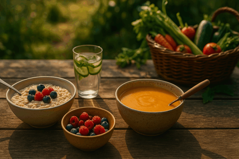 Ein gedeckter Holztisch im Spätsommerlicht