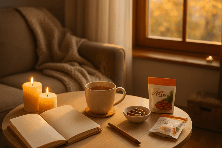 Mini-Retreat zuhause mit Tee, Kerzen und Notizbuch – Symbol für Achtsamkeit und Rückzug im September.