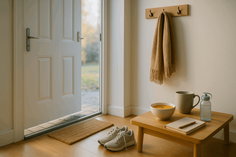 Offene Haustür im Morgenlicht mit Schal und Turnschuhen – Einladung zu Lichtkontakt und sanftem Start in den Herbsttag.