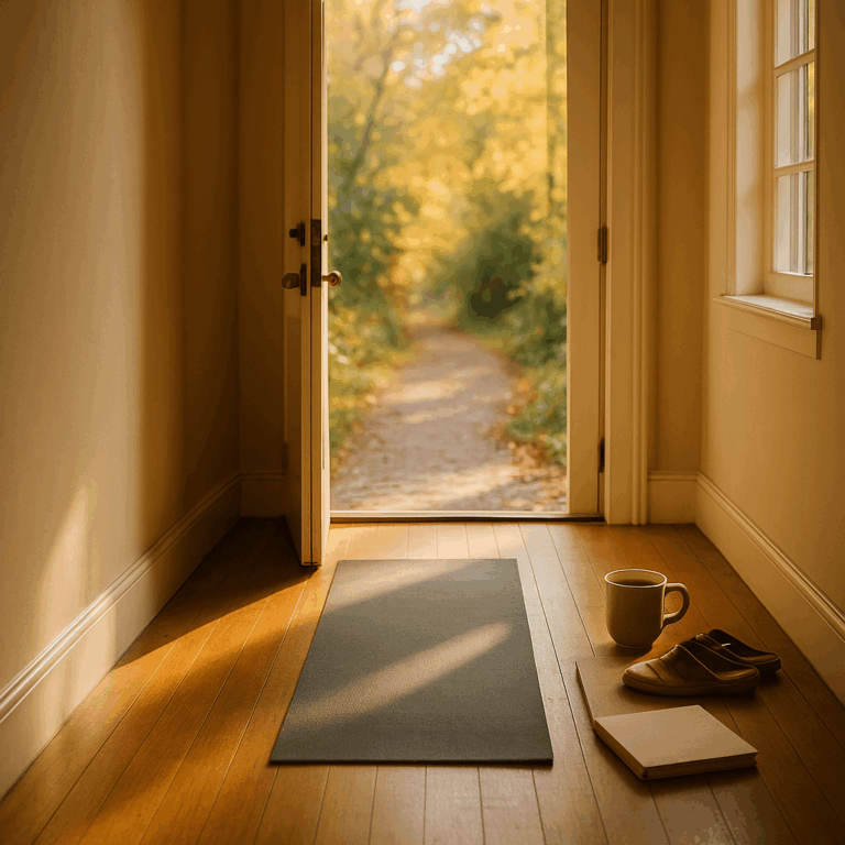 Weiches Morgenlicht und eine bereitliegende Matte an der Türschwelle – Metapher für Fokus, Klarheit und achtsamen Neubeginn.