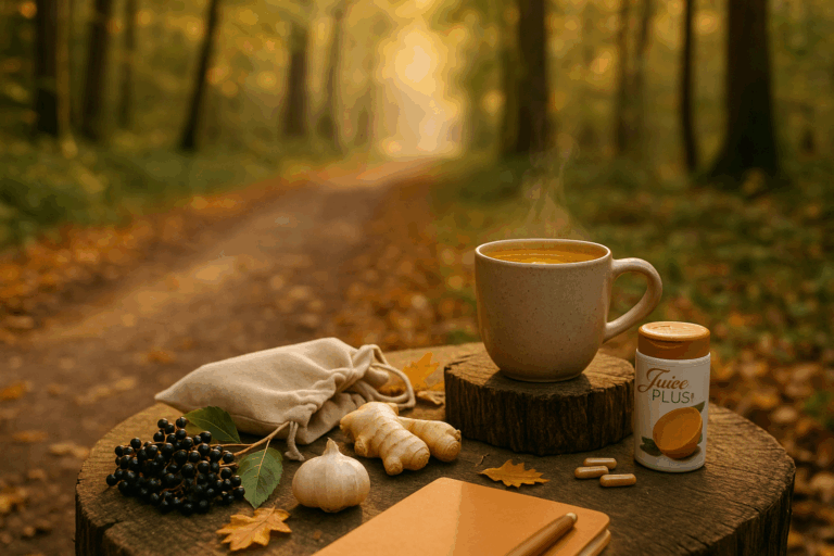 Herbstnatur mit Holunder, Ingwer, Knoblauch und Kurkuma-Latte – Symbole für Immunkraft aus Pflanzen und JuicePlus+.