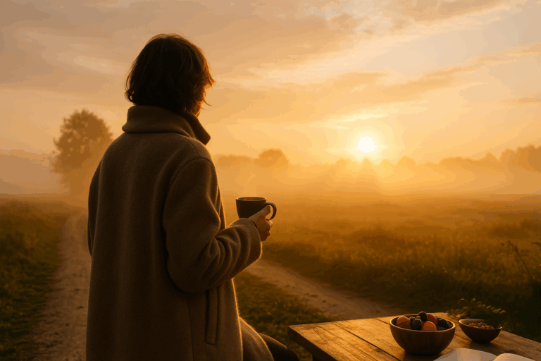 Morgennebel, warme Kleidung und Lichtstrahlen – Symbol für Novemberenergie, Ruhe und Regeneration.