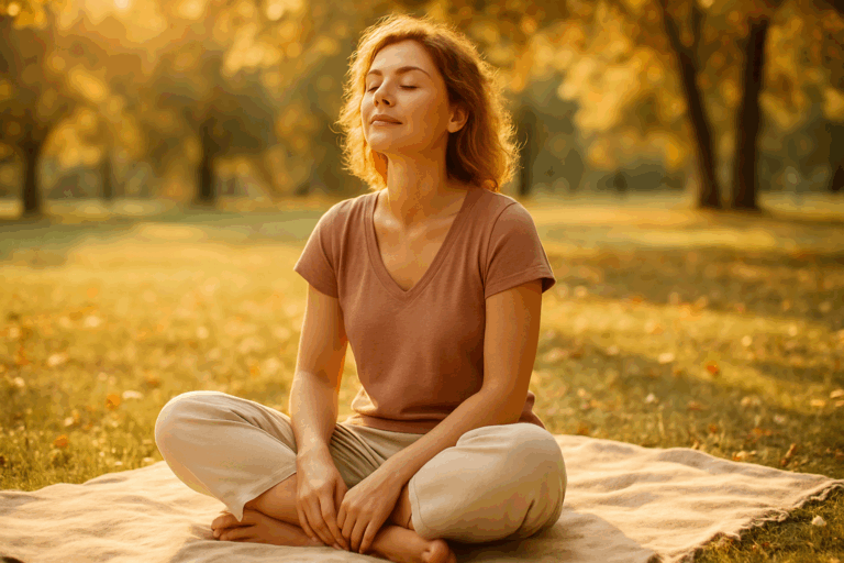 Eine Person sitzt in einem Park