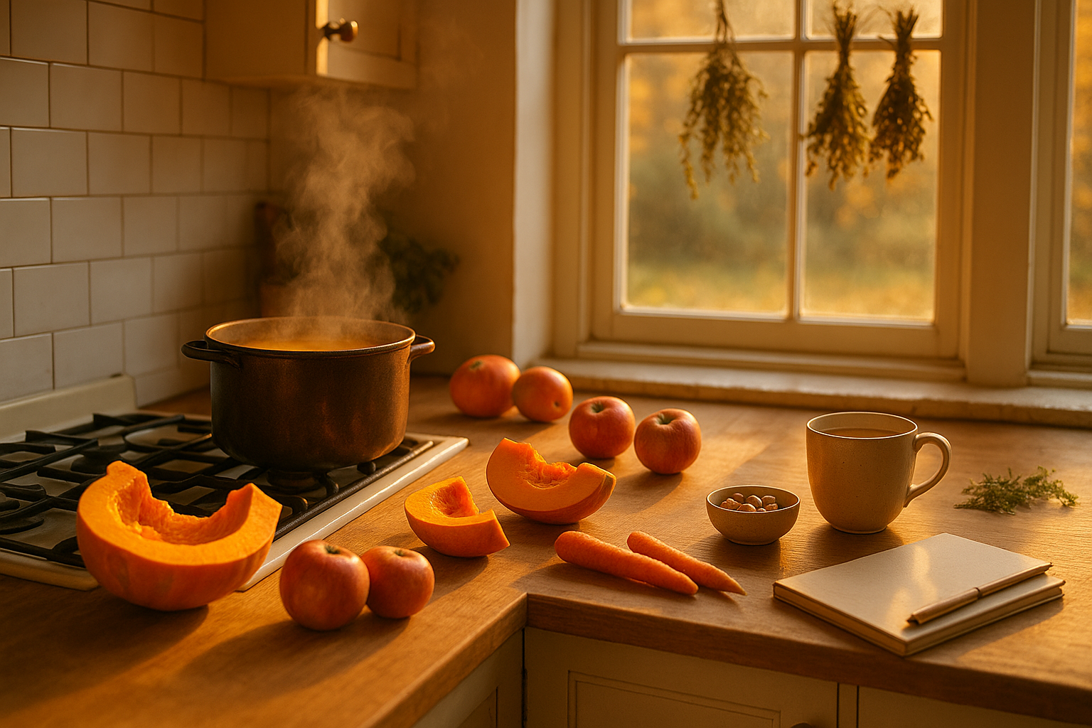 Kochendes Herbstgericht aus Kürbis und Wurzelgemüse – Symbol für Wärme, Ernährung und Immunkraft im Oktober.