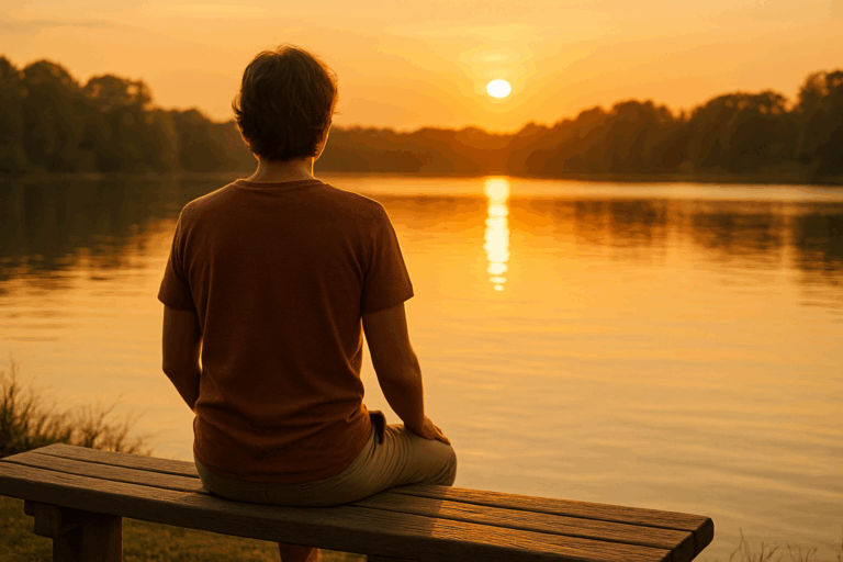 Mensch sitzt auf einer Holzbank