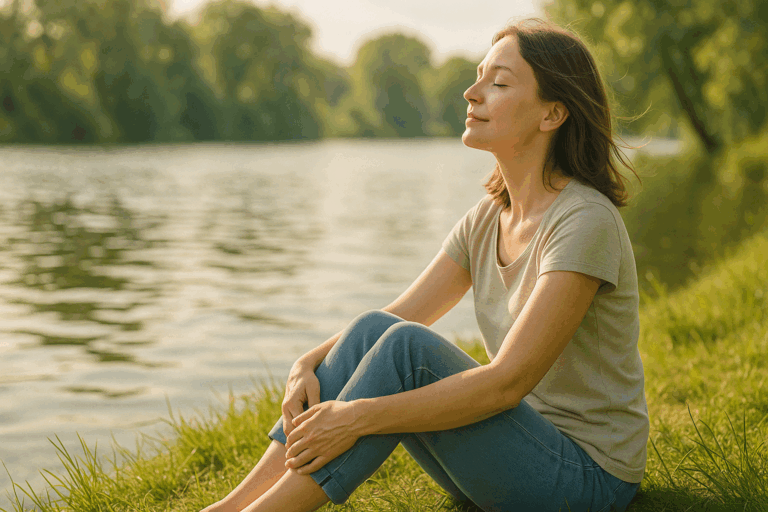 Person sitzt entspannt an einem sonnigen Seeufer