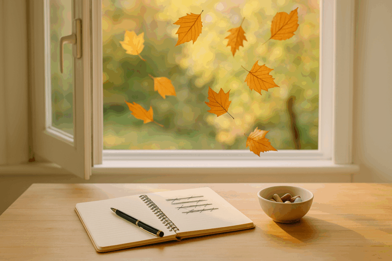 Ein heller Raum mit einem geöffneten Fenster, durch das Herbstblätter hereingeweht werden. Auf einem Tisch liegt ein Notizbuch mit durchgestrichenen Worten. Nebenbei: eine kleine Schale mit JuicePlus+-Kapseln.