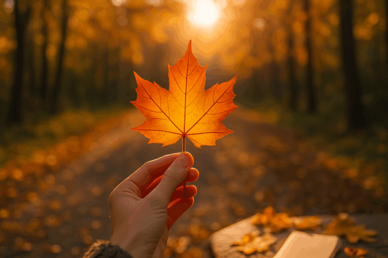 Hand mit goldenem Herbstblatt im Sonnenlicht – Symbol für neue Perspektiven, Wärme und Energie im Wandel.