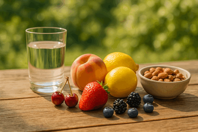 bunten Sommerfrüchten in einer kleinen Schale
