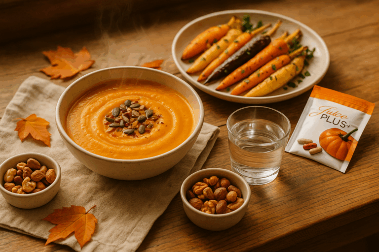 „September-Ernährung mit Kürbissuppe, Wurzelgemüse und Vitalstoffen – Symbol für Stabilität und Balance im Herbst.“