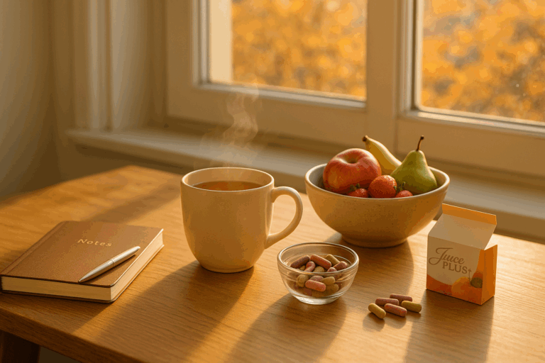 „Routinen als Stabilitätsfaktor – Morgenritual mit Tee, Tagebuch und Vitalstoffen im herbstlichen Licht.“