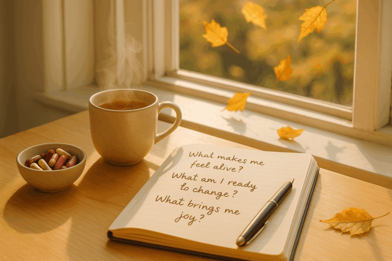 September-Reflexion: Journal, Tee und Natur als Symbole für innere Klarheit und Achtsamkeit.