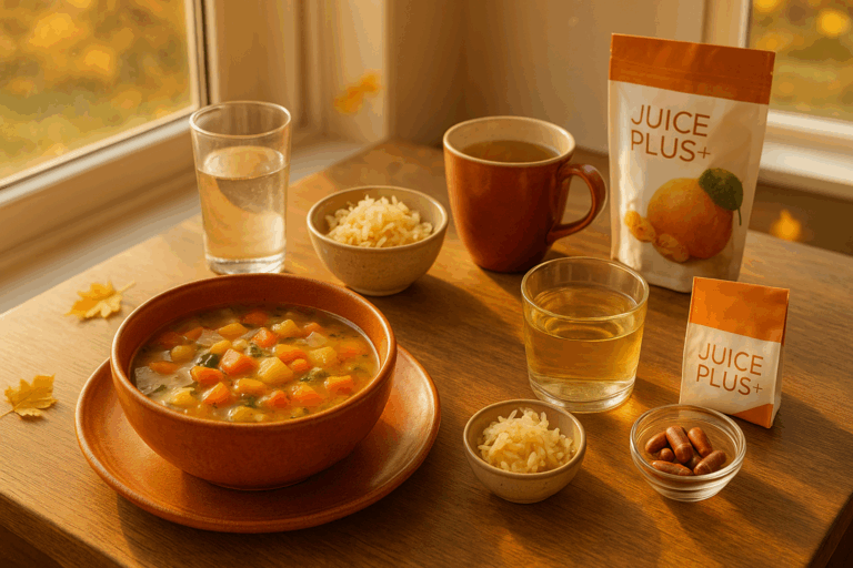 Darmfreundliche Ernährung im September mit warmen Speisen, Fermenten und Vitalstoffen – Symbol für Balance im Jahreszeitenwechsel.