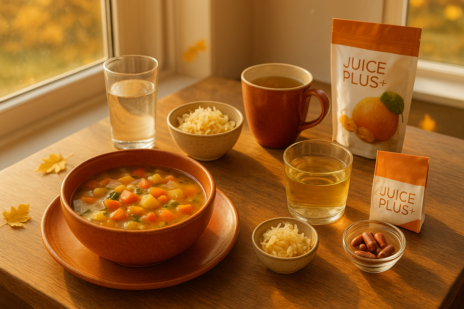 Darmfreundliche Ernährung im September mit warmen Speisen, Fermenten und Vitalstoffen – Symbol für Balance im Jahreszeitenwechsel.