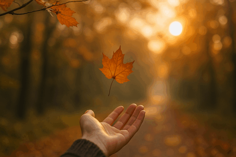 Hand, die ein Blatt im Herbstwind freigibt – Symbol für Vertrauen, Leichtigkeit und die Kunst des Loslassens.
