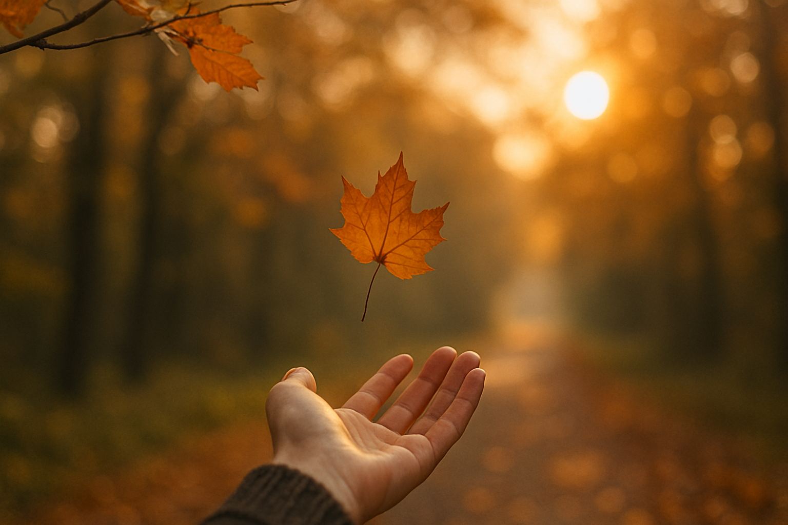 Hand, die ein Blatt im Herbstwind freigibt – Symbol für Vertrauen, Leichtigkeit und die Kunst des Loslassens.