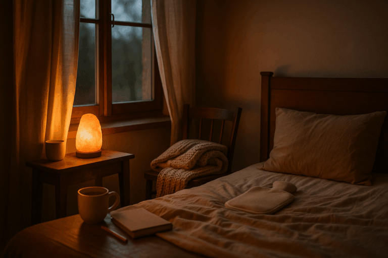 Warme Lichtinsel, geöffnetes Fenster und Wärmekomfort – visuelles Abendritual für erholsamen Schlaf im Oktober.