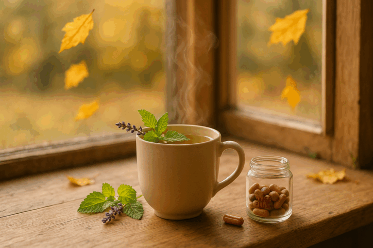 Herbstkräuter als natürliche Unterstützung für das Nervensystem – Tee, Lavendel und JuicePlus+-Vitalstoffe auf einem Tisch.